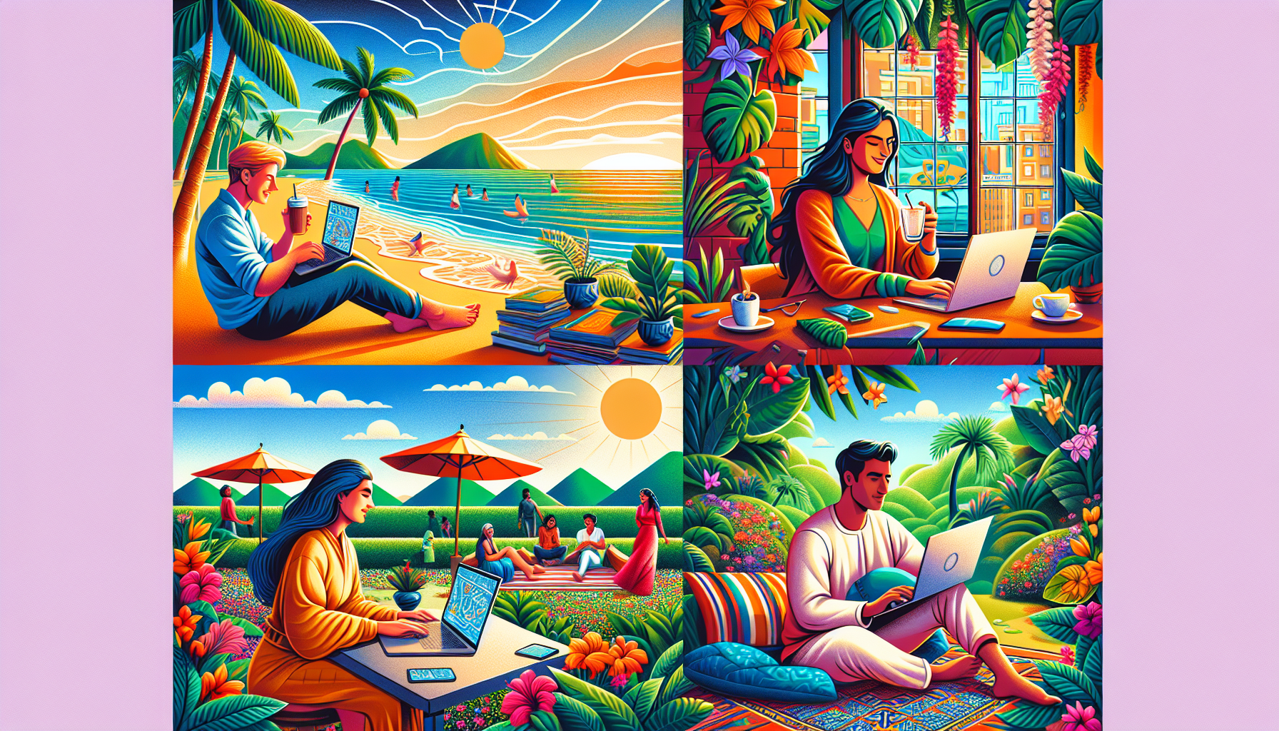 An illustration depicting the digital nomad lifestyle, showing people working on laptops in various locations.