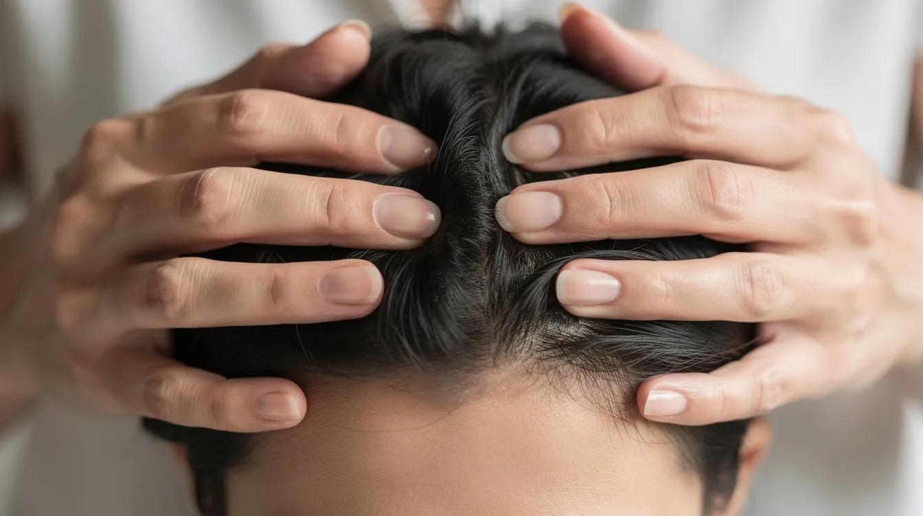 A close-up view of hands gently massaging the scalp of a person with dark hair, using small circular motions to stimulate blood circulation and promote scalp health. The image highlights the importance of scalp oil for hair growth, showcasing a nurturing hair care routine that may include oils like rosemary, coconut, and jojoba.