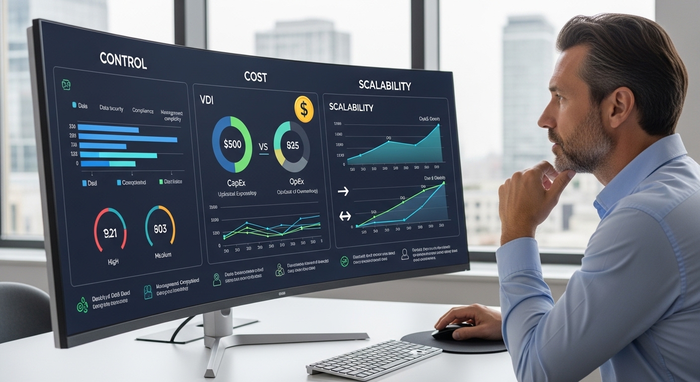 IT decision-maker evaluating DaaS vs VDI on a dashboard showing control, cost, and scalability differences.