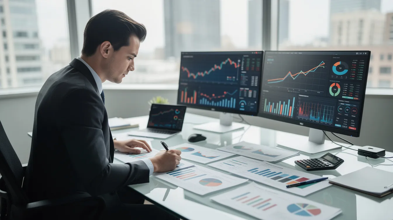 5acc048a 8bd7 4fca 925e f30bc4ad5765 A professional is seated at a desk, diligently reviewing financial charts and business documents, which may include loan applications related to the Mudra scheme. The scene suggests a focus on assessing business viability and repayment capacity for various loan amounts, including Shishu and Tarun loans.