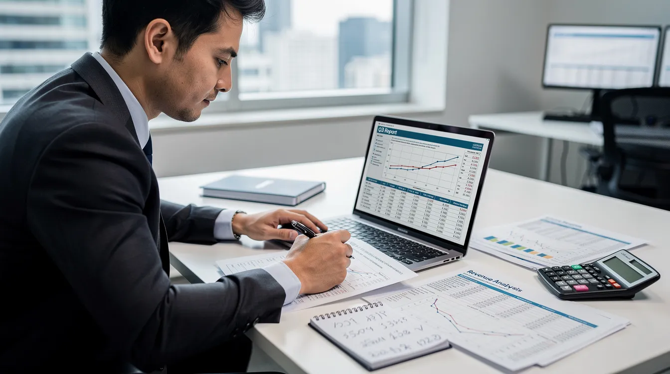 5acc13b9 3f1f 4f5f 8c47 39843dd6451e A financial analyst is seated at a desk, intently reviewing spreadsheets and printed reports that detail dairy farm loans, cash flow, and project costs related to dairy entrepreneurship development schemes. The workspace is organized, reflecting an emphasis on analyzing data crucial for dairy farm expansion and financial planning.