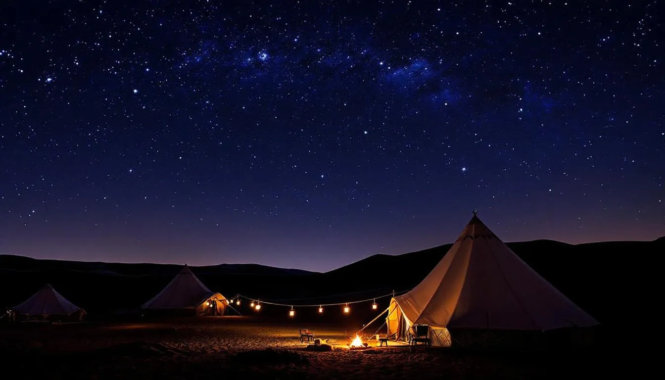 A traditional Berber desert camp featuring luxury tents is set against a breathtaking starry night sky in the Sahara Desert. The scene captures the serene beauty of the golden dunes, offering an unforgettable adventure for visitors on a Marrakech to Fes desert tour.