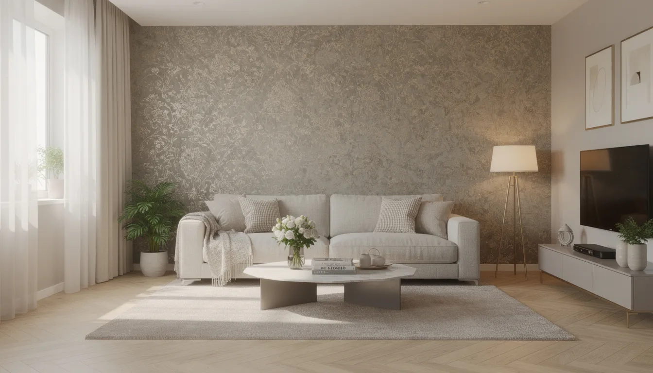 Luxe behang: stijlvolle muurbekleding voor elke woonruimte Een compleet ingerichte woonkamer met een accentwand die is bekleed met luxe behang, dat een elegant patroon toont en de ruimte een warme sfeer geeft. Het mooie behang, dat perfect past bij de persoonlijke stijl van het interieur, is een blikvanger die de woonruimte karakter geeft.