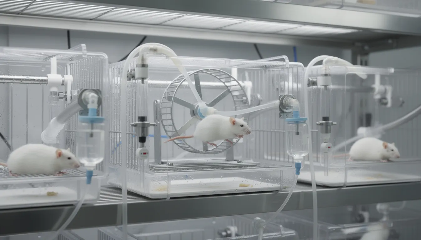 The image depicts laboratory mice housed in metabolic monitoring cages equipped with running wheels, which are used for research on energy metabolism and exercise capacity. These setups are crucial for studying metabolic syndrome, insulin sensitivity, and the effects of physical activity on conditions like diet-induced obesity and mitochondrial dysfunction.