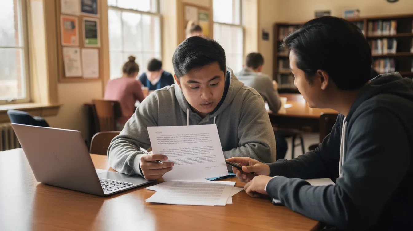 The image depicts a student engaged in academic writing, reviewing a printed essay draft with a mentor in a campus writing center, highlighting the collaborative writing process and the importance of critical thinking in writing assignments. This interaction emphasizes the role of writing instruction in higher education and the development of writing skills.