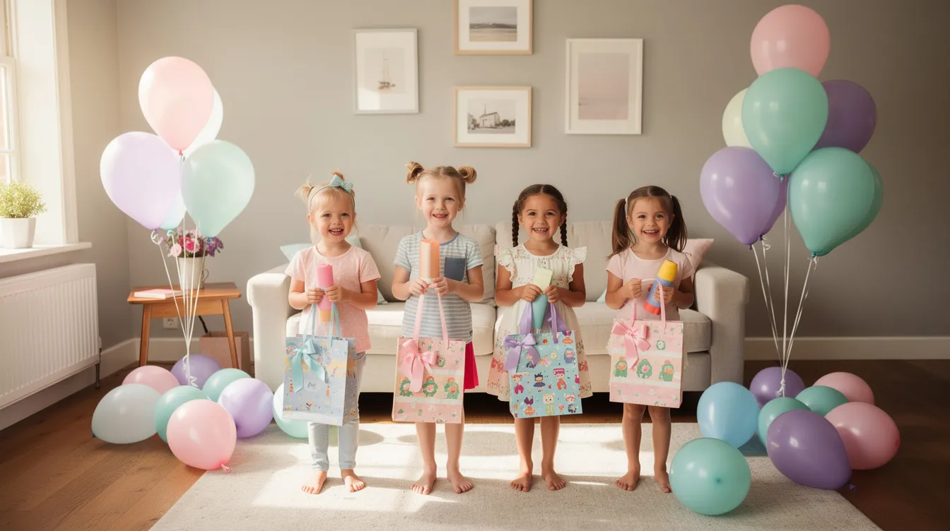 In a cosy home, children joyfully hold colourful festive goodie bags beside pastel balloons, embodying the spirit of the hari raya season. These vibrant bags likely contain thoughtful gifts and treats, perfect for sharing with family and friends during this joyful celebration.