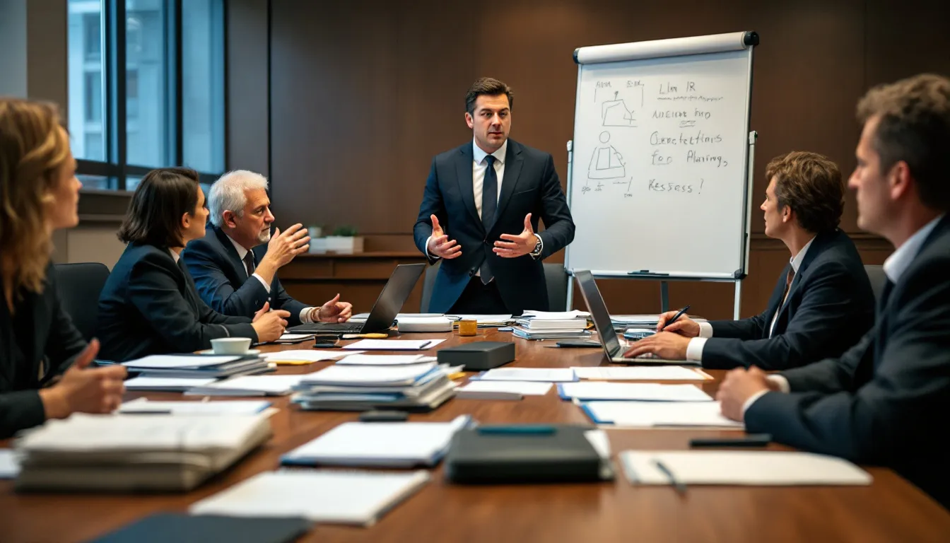 In a well-lit conference room, a group of lawyers is engaged in a discussion about landlord tenant law, focusing on the eviction process and the implications of eviction notices. They are surrounded by legal documents and laptops, indicating a collaborative effort to navigate the complexities of rental agreements and tenant protections under California law.