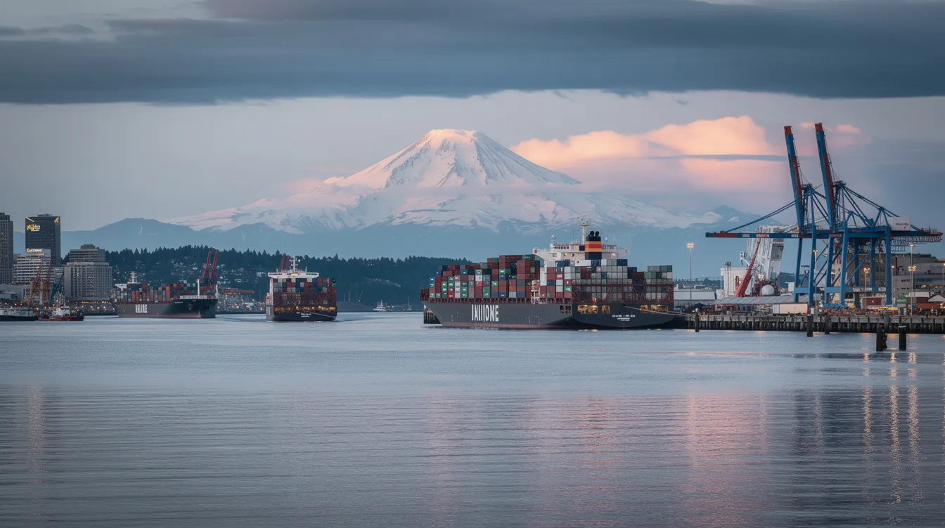 The image depicts the Tacoma waterfront with cargo ships docked along the shoreline, framed by majestic mountains in the background. This scenic view highlights Tacoma, WA, a hub for vehicle transportation services and car shipping companies, reflecting the vibrant maritime activity in the Pacific Northwest.