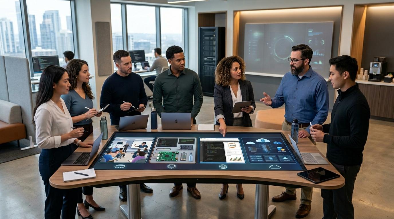 Modern technology evaluation workspace with educators and IT leaders comparing virtual training environments, interactive labs, browser-based workspaces, and cloud infrastructure.