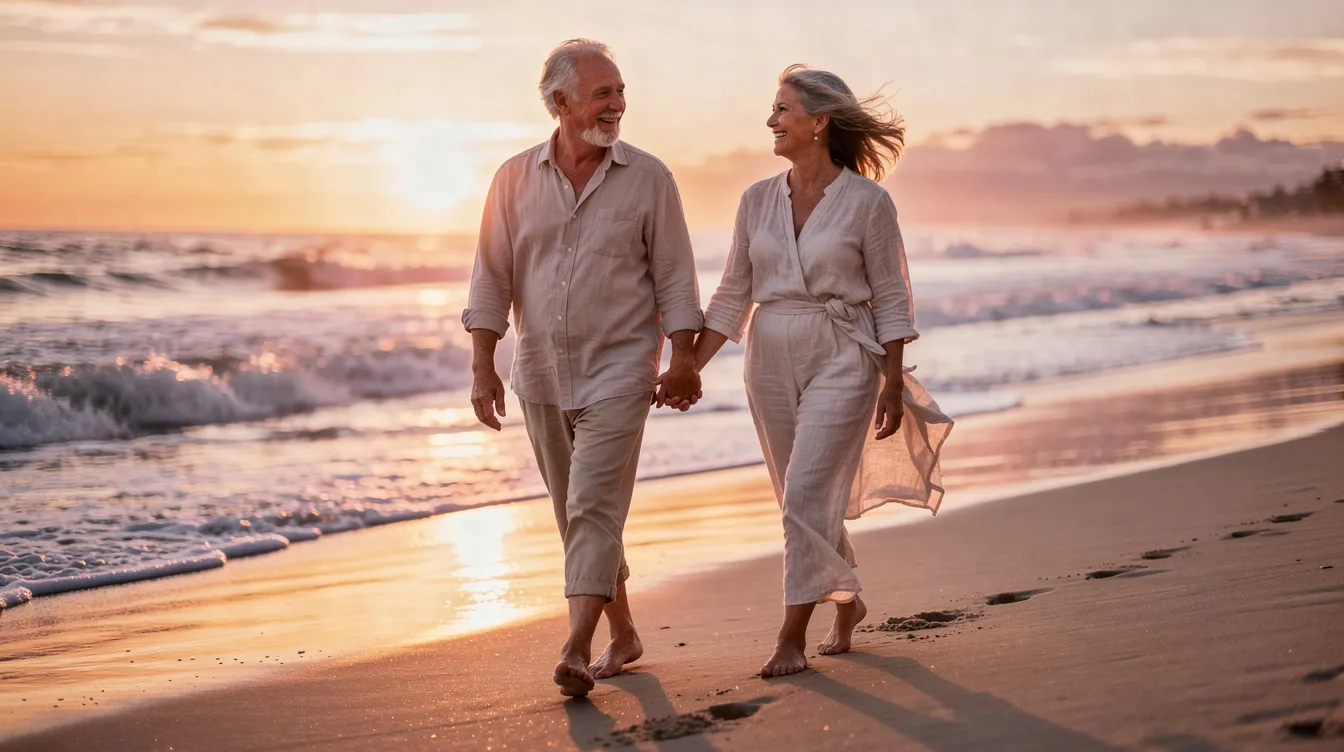 A retired couple strolls hand in hand along a serene beach at sunset, with gentle waves lapping at the shore in the background. This peaceful scene reflects the joy of retirement, a time when many consider their social security retirement benefits and how to best manage their retirement income.