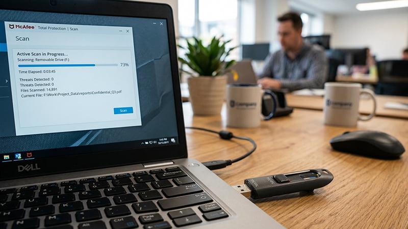 A USB pen drive connected to a computer undergoing a scan