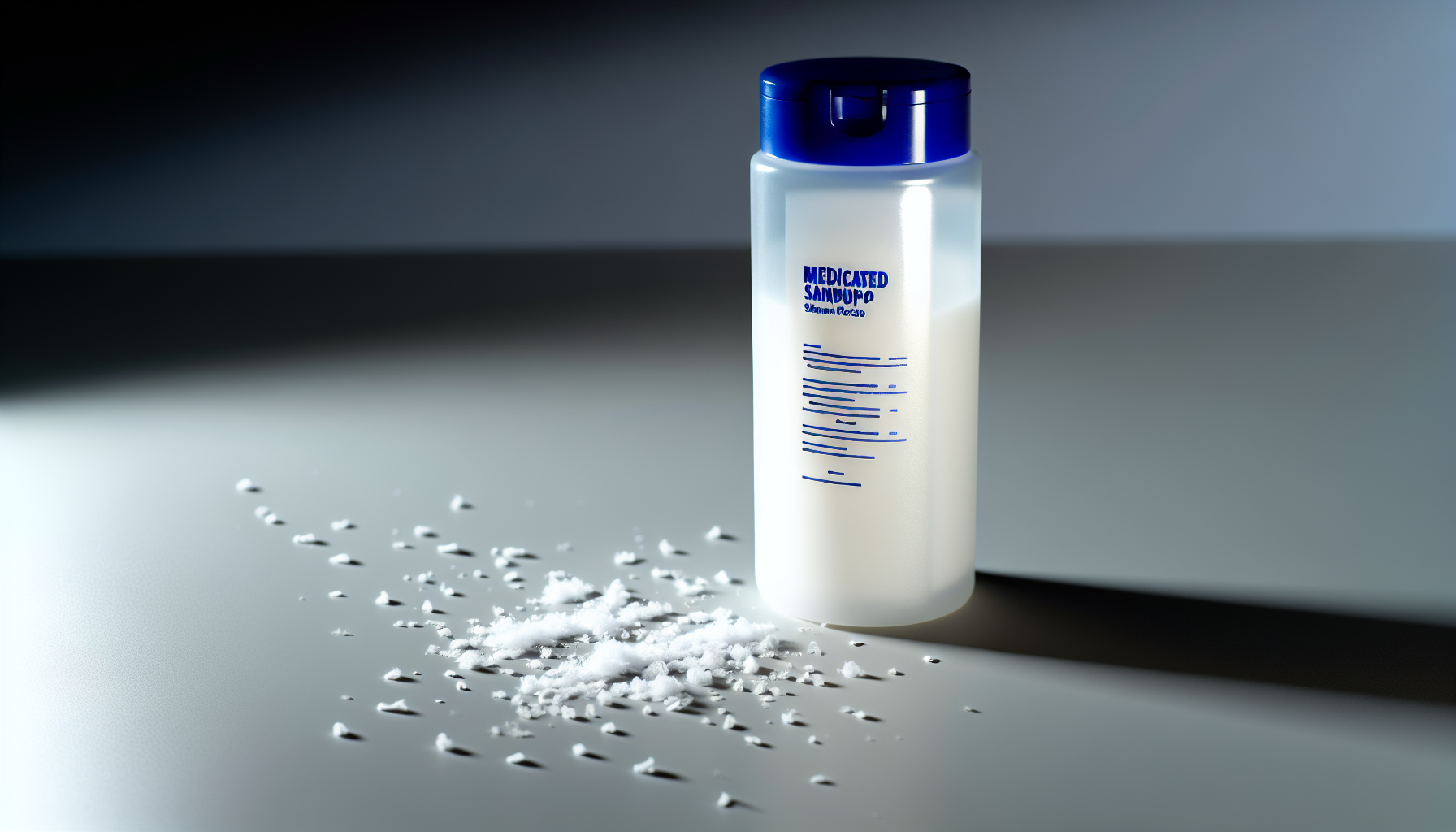 Bottle of medicated dandruff shampoo surrounded by white flakes