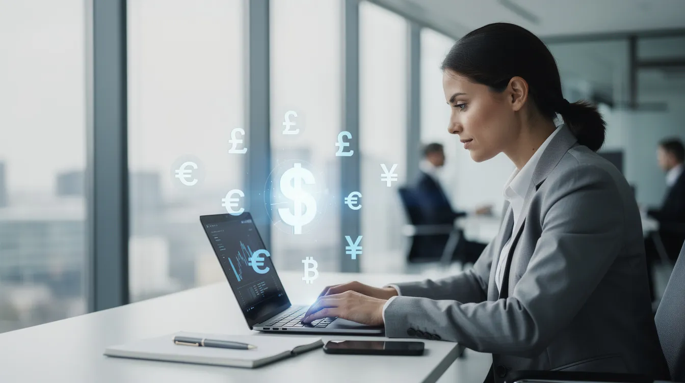 The image depicts a business professional focused on their laptop, surrounded by floating currency symbols, symbolizing international money transfers and currency exchange. This scene highlights the importance of transfer fees, exchange rates, and the use of services like Wise and Torfx for efficient and transparent international payments.