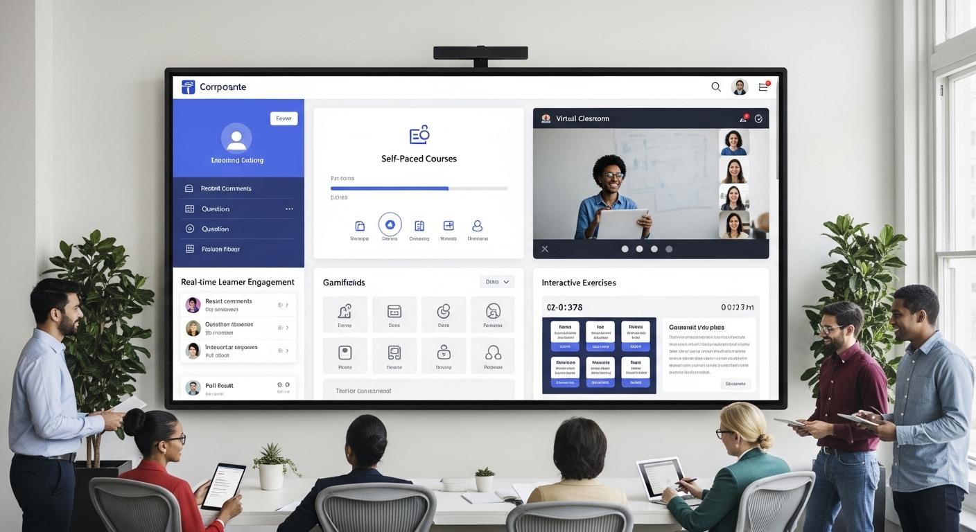 Corporate e-learning ecosystem displaying flexible training delivery with self-paced courses, live virtual classrooms, interactive exercises, and real-time learner engagement