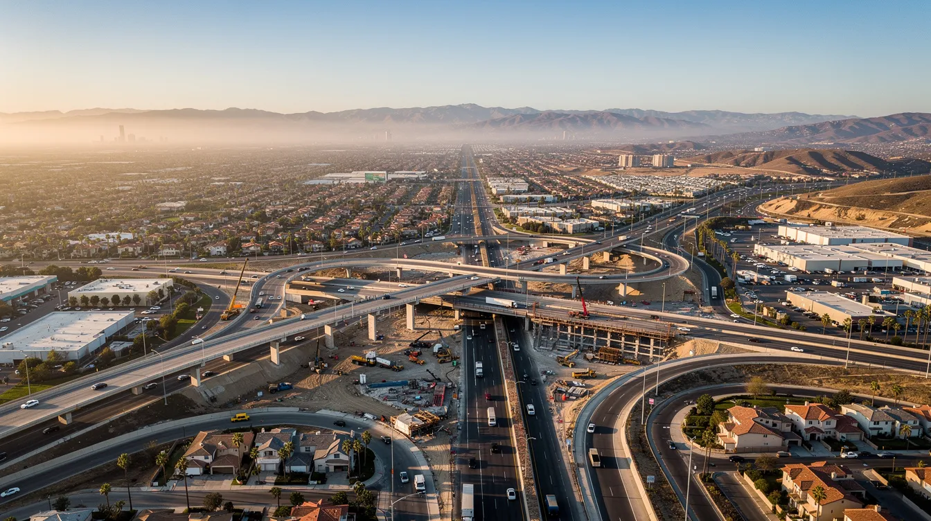 An aerial view captures a highway interchange under construction in a bustling Southern California urban landscape, showcasing the complexity of the project and the various construction workers engaged in the work. This public works project highlights the importance of complying with California's prevailing wage laws to ensure fair compensation for all employees involved.