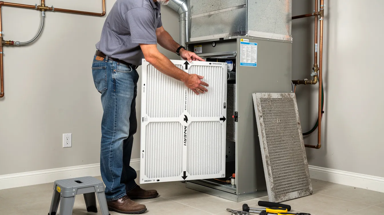 A homeowner is seen replacing a clogged air filter in an indoor air handler, an essential part of the air conditioning system that helps maintain efficient airflow and cooling. Regular maintenance, such as this, is crucial for ensuring the air conditioner operates properly and avoids costly repairs.