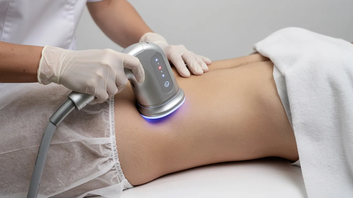 A clinician is closely applying a non-invasive body contouring device to the abdomen, targeting stubborn pockets of fat to help reduce fat and tighten skin. This body sculpting treatment uses controlled cooling to destroy fat cells without surgery, promoting a healthier body mass and enhancing overall skin texture.
