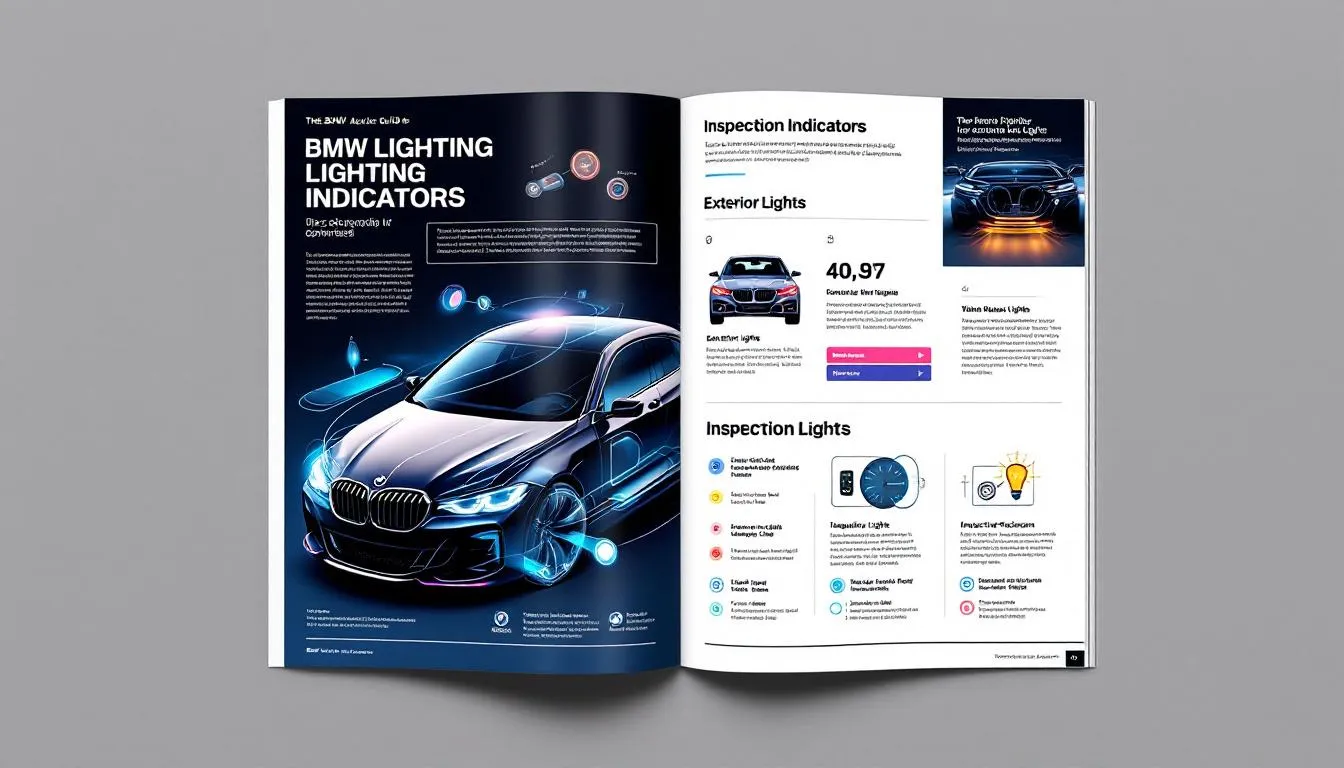 A visual guide to lighting indicators in BMW vehicles, showing lights like the exterior lights and inspection light.