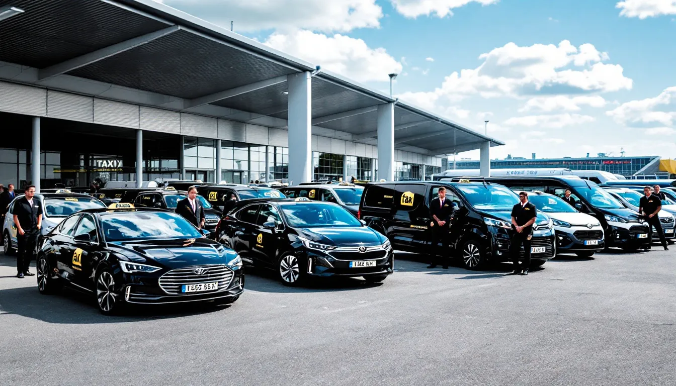 The image depicts the pickup area at Schiphol Airport, showcasing various taxi company vehicles lined up for passengers. Each taxi is equipped to accommodate luggage and offers a convenient ride to destinations like Amsterdam city centre, with fixed prices and options for different types of trips.