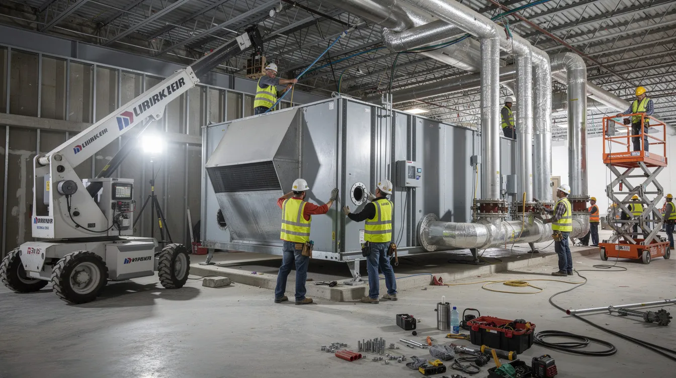 The image depicts skilled trade workers efficiently installing mechanical equipment on a commercial construction project, highlighting the importance of labor in the construction industry. Their expertise contributes to managing material costs and ensuring project timelines are met, ultimately impacting the profitability and success of construction projects.