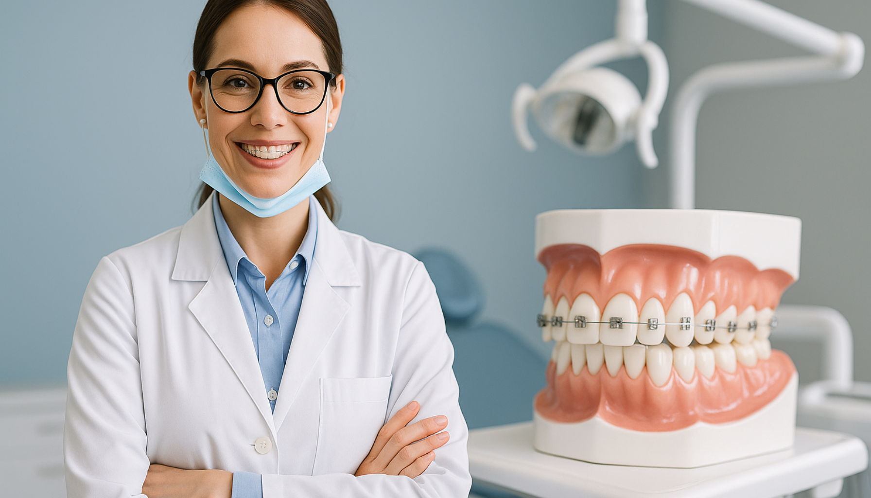 Kvinne i hvit frakk og briller smiler foran tannmodell med regulering i moderne tannklinikk.