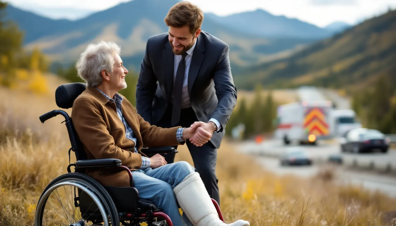 In the image, a client in a wheelchair, wearing a foot cast, shakes hands with an attorney against a scenic Colorado backdrop, expressing gratitude for their representation. In the background, a blurred scene of a car accident with police and an ambulance can be seen, highlighting the serious nature of motor vehicle accidents and the importance of having an experienced car accident attorney.