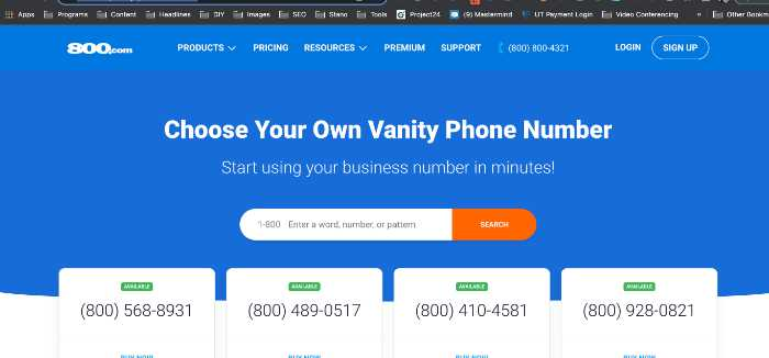 800.com vanity phone number page