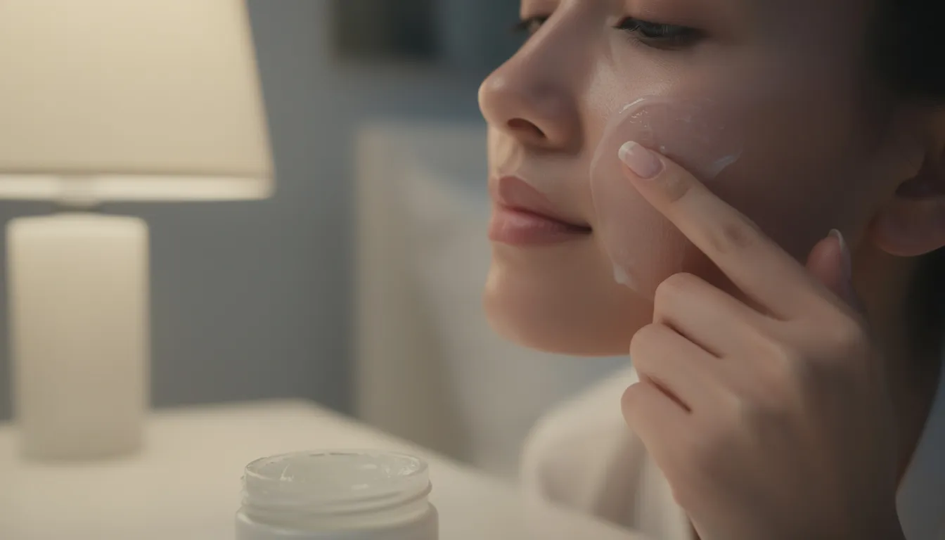 A person is applying a thin layer of petroleum jelly to their clean skin as part of their nighttime skincare routine, aiming to create a protective barrier that prevents water loss and enhances hydration. This skincare technique, often referred to as "slugging," is especially beneficial for those with dry or sensitive skin types.