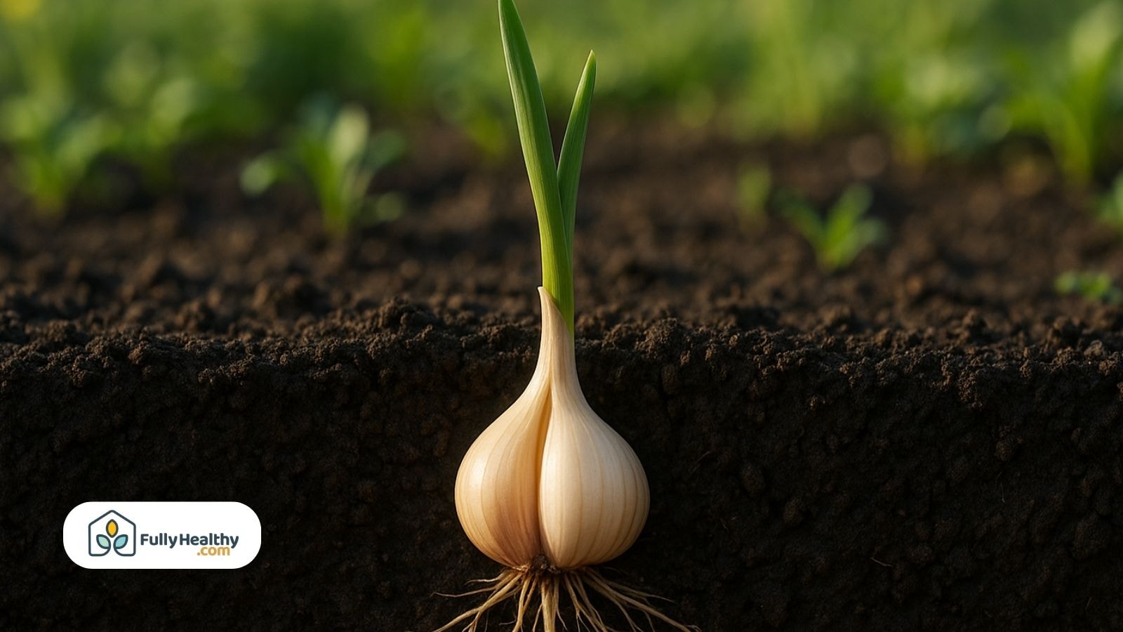Close-up cross-section of a garlic clove sprouting upward with roots spreading in dark soil.