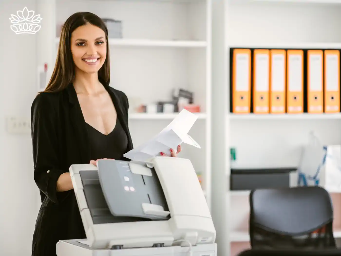 Professional secretary smiling while using a copier in a modern office, exemplifying efficiency and dedication. Fabulous Flowers and Gifts.
