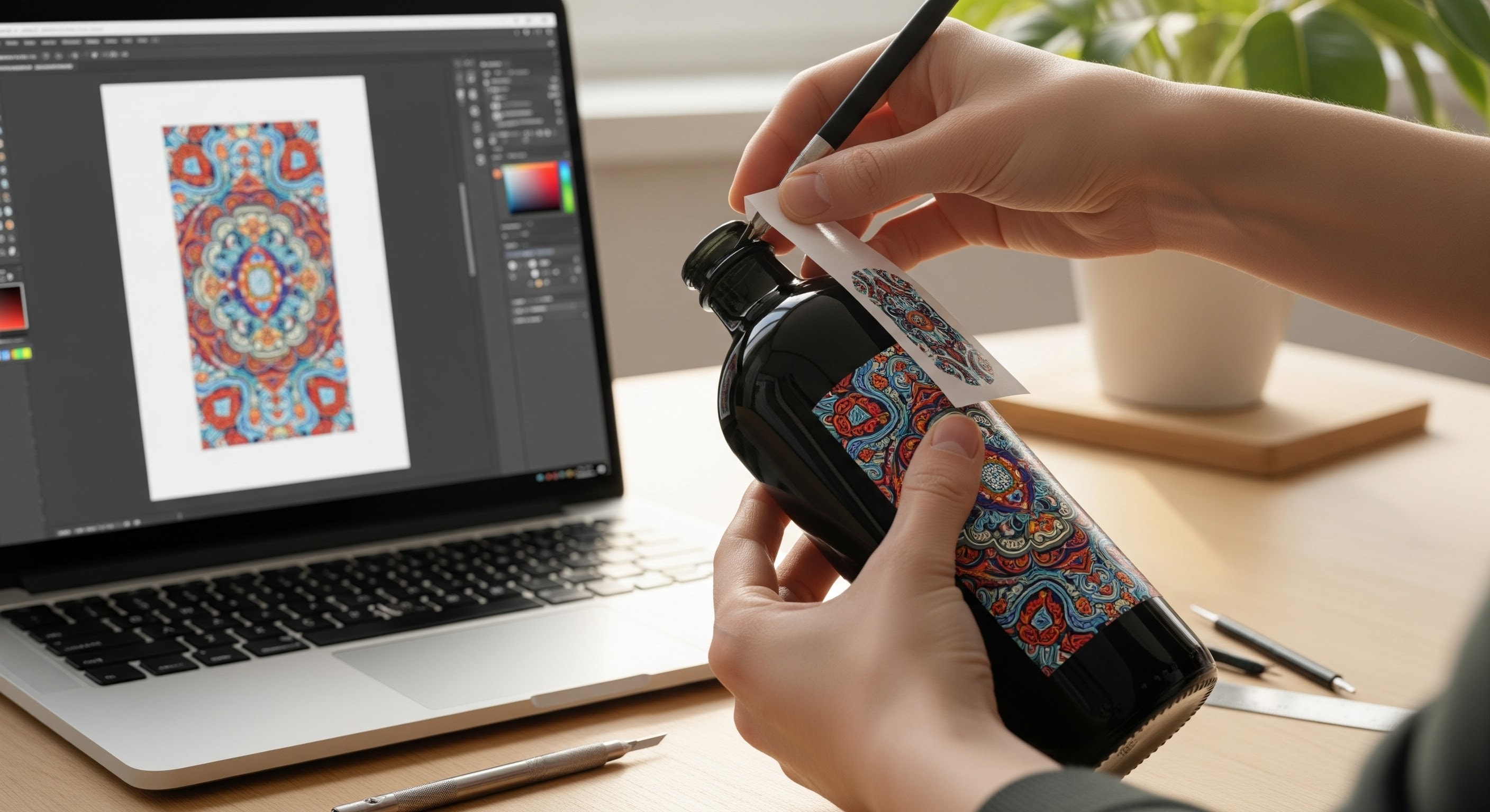 custom label application: designer placing label on bottle mockup, laptop with label file on screen