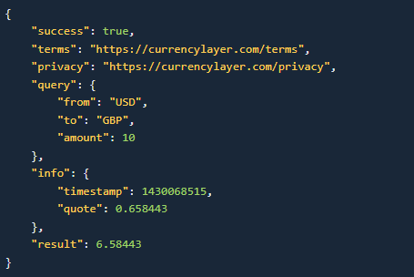 Creating a Python Currency Converter - Example API response returned by the CurrencyLayer API for conversion endpoint