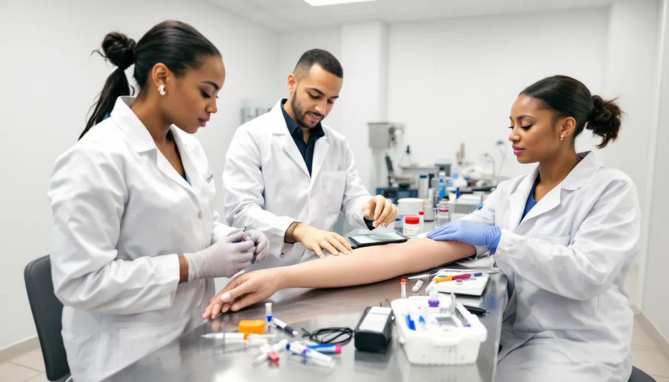 In a modern phlebotomy training laboratory, students, including prospective and returning students, are practicing essential blood collection techniques under the guidance of instructors. This hands-on workshop provides a valuable experience for those pursuing careers as certified phlebotomy technicians.