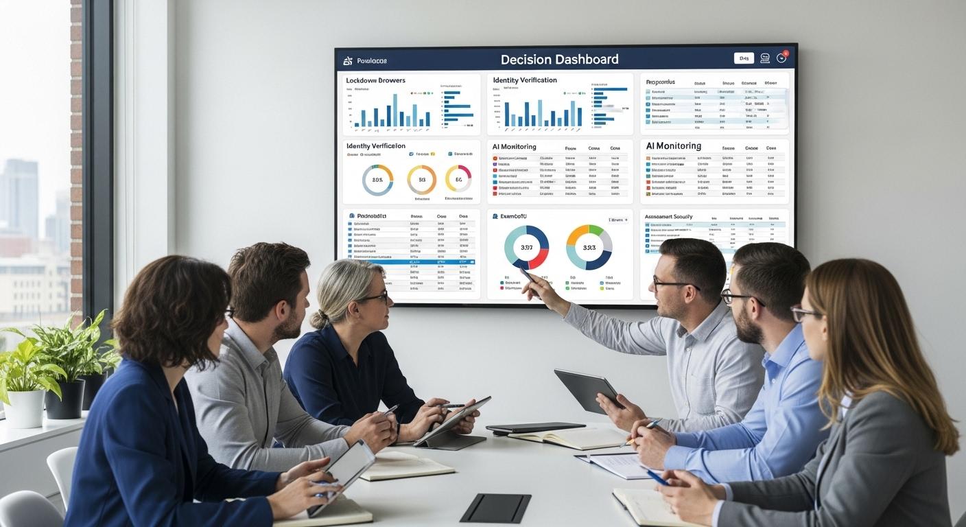 University administrators evaluating online exam platforms on a decision dashboard comparing lockdown browsers, identity verification, AI monitoring, and assessment security.