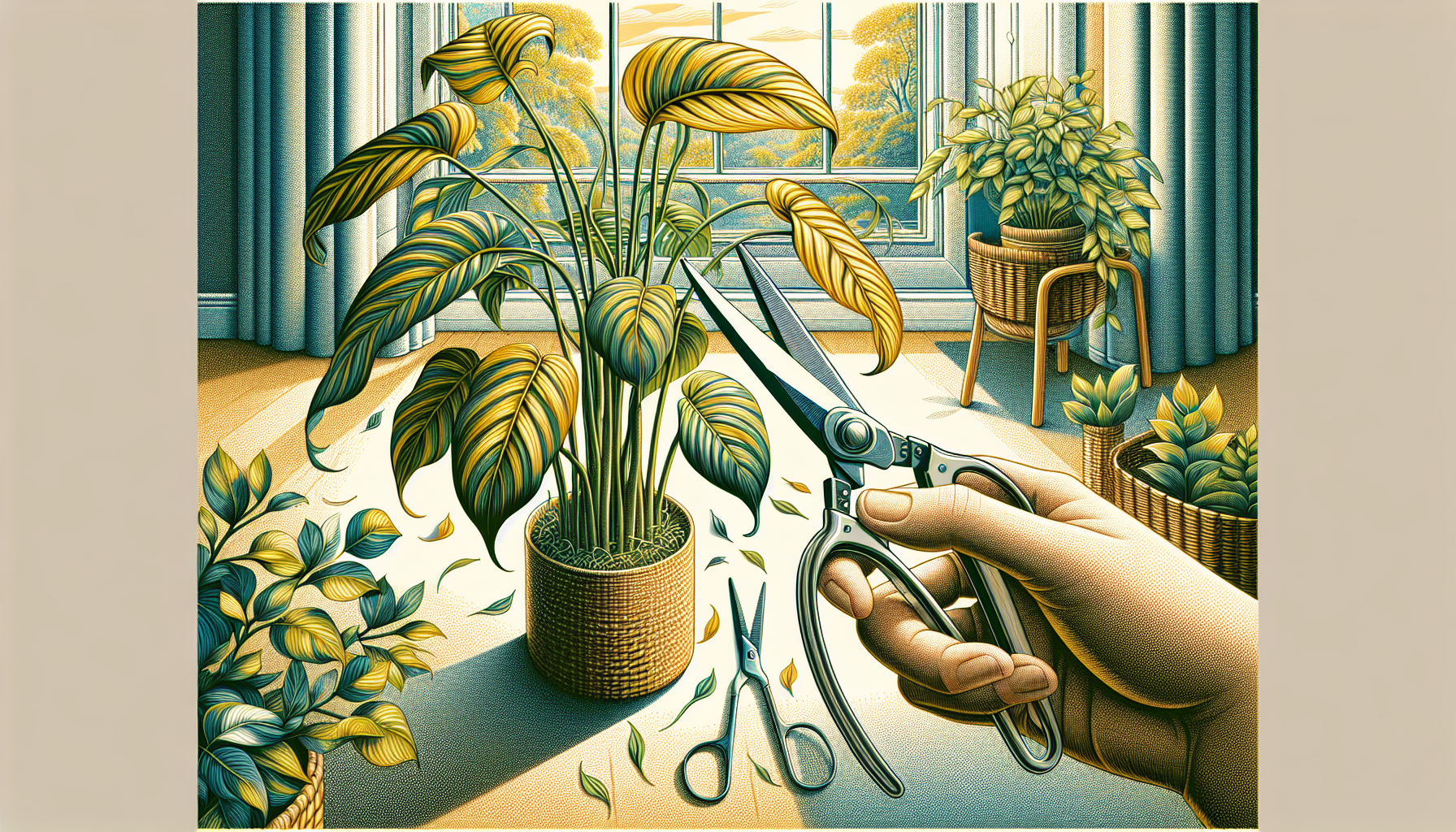 Illustration of pruning damaged leaves on an indoor plant