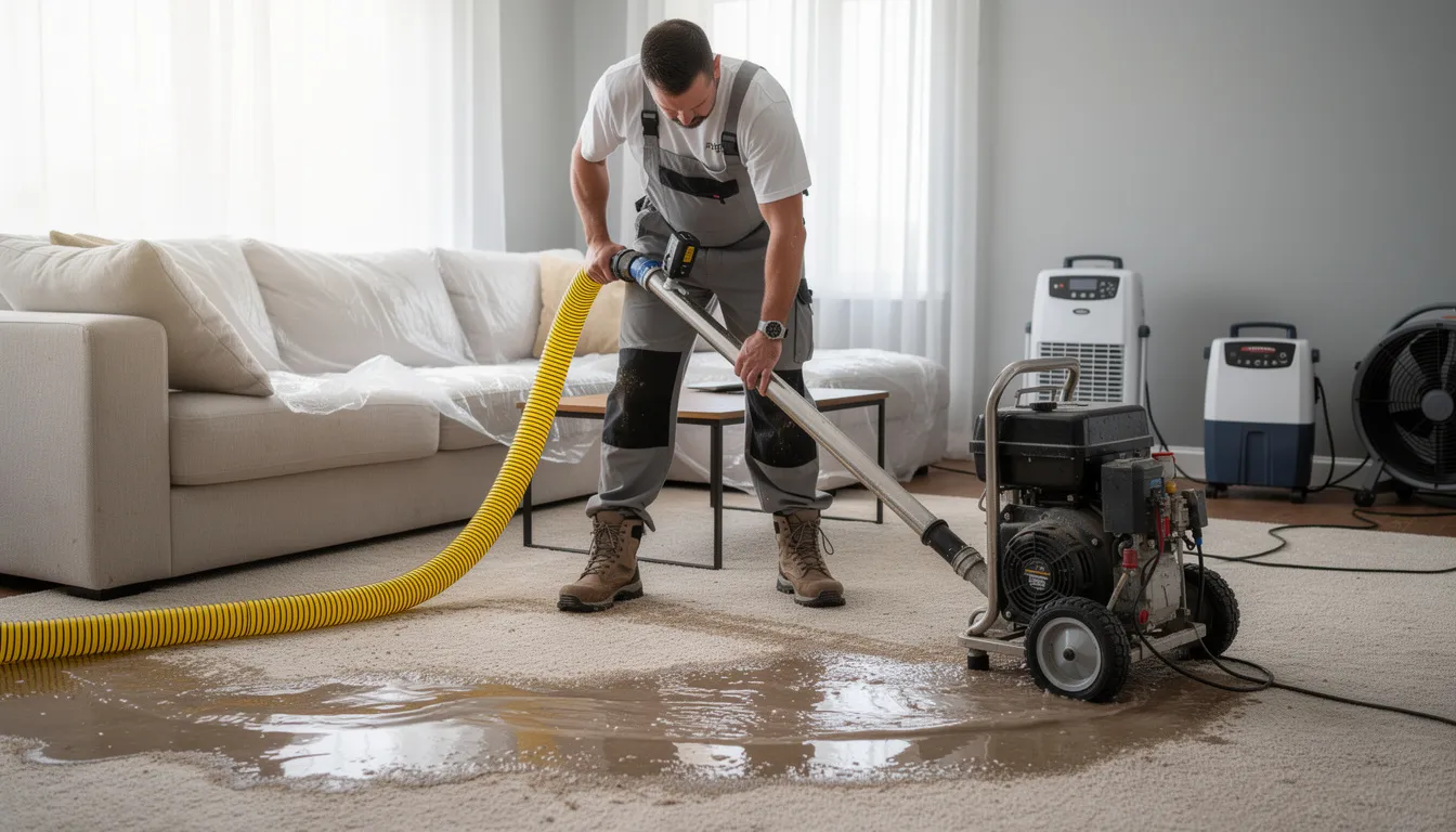 A professional water mitigation technician is operating industrial extraction equipment in a residential living room, focused on the water damage restoration process to remove excess water and prevent mold growth. The technician is wearing rubber boots and is surrounded by commercial-grade equipment, emphasizing the importance of effective water extraction in mitigating further damage.