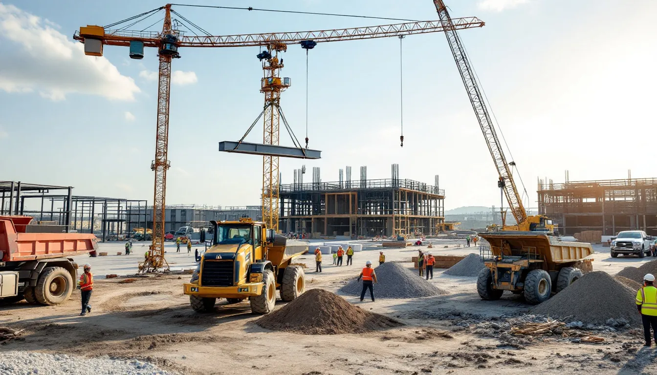A bustling construction site is depicted, showcasing various types of heavy equipment in operation, including cranes, bulldozers, and excavators, highlighting the importance of equipment financing for managing maintenance and repair costs effectively. The scene captures the dynamic environment where companies utilize the latest technology to stay competitive in the industry.