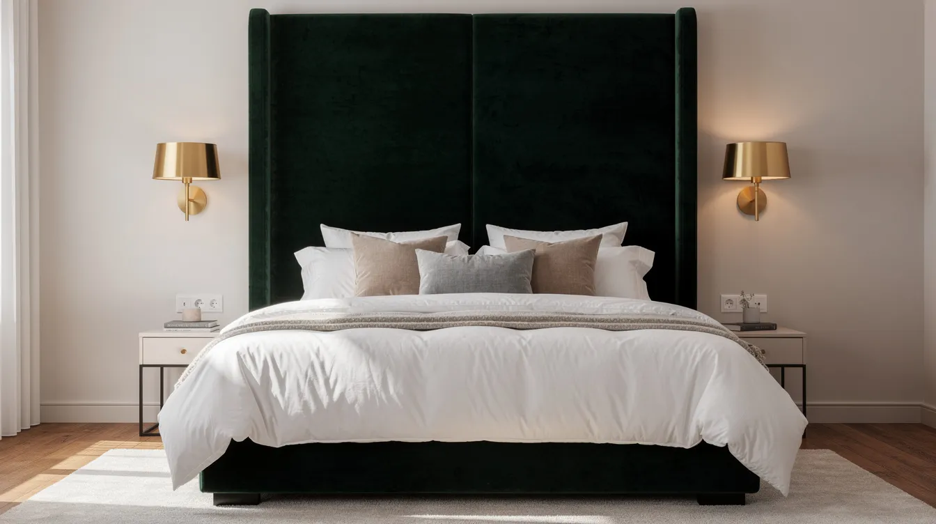 Een chique slaapkamer in hotelstijl met een hoog fluwelen hoofdbord in donkergroen, witte lakens en gouden wandlampen. De ruimte is aangekleed met zachte sierkussens en een hoogpolig vloerkleed, wat bijdraagt aan de luxe sfeer en elegante uitstraling.