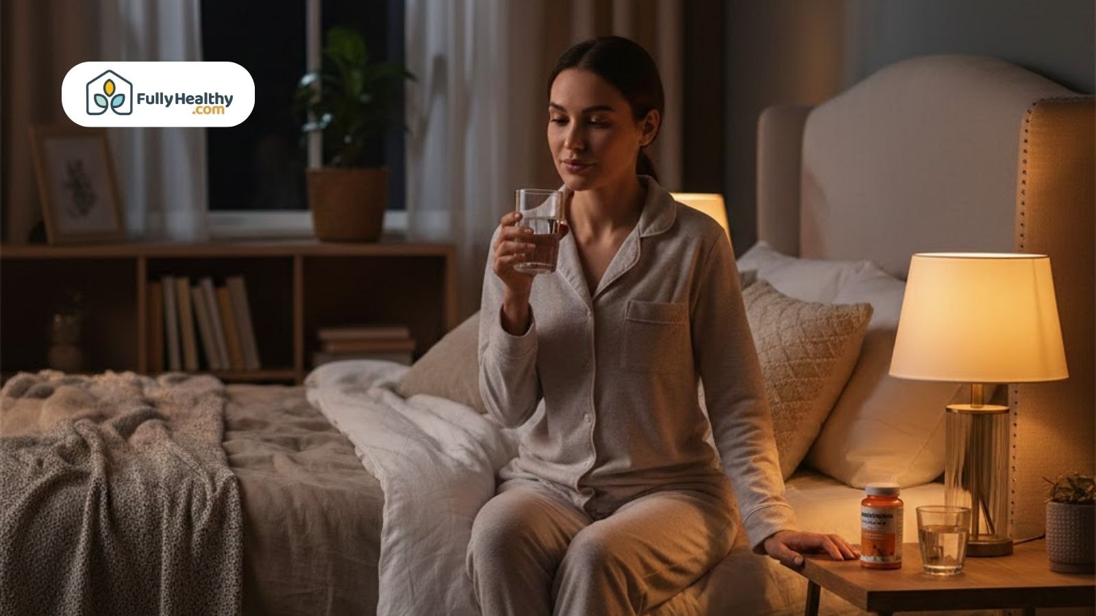 Woman in pajamas sitting on bed at night drinking water before taking multivitamin supplement.
