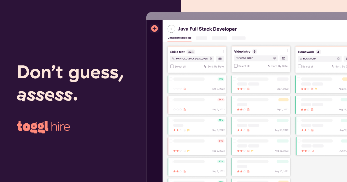 Toggl招聘,招聘团队有能力基于性能屏幕和名单的候选人。堆栈与选择不同类型的技能测试到一个角色的评估流程,招聘人员和管理人员可以依靠考试成绩发现最合格的候选人。