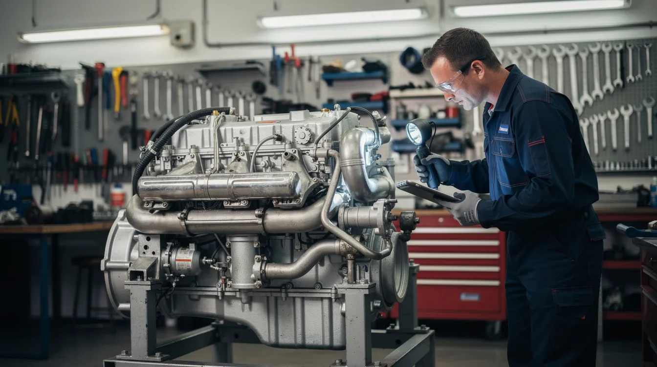 A mechanic inspects a diesel engine in a workshop, focusing on its specifications and components, including the kubota v3300 model. The scene highlights tools and parts scattered around, emphasizing the attention to detail required for engine maintenance and repair.