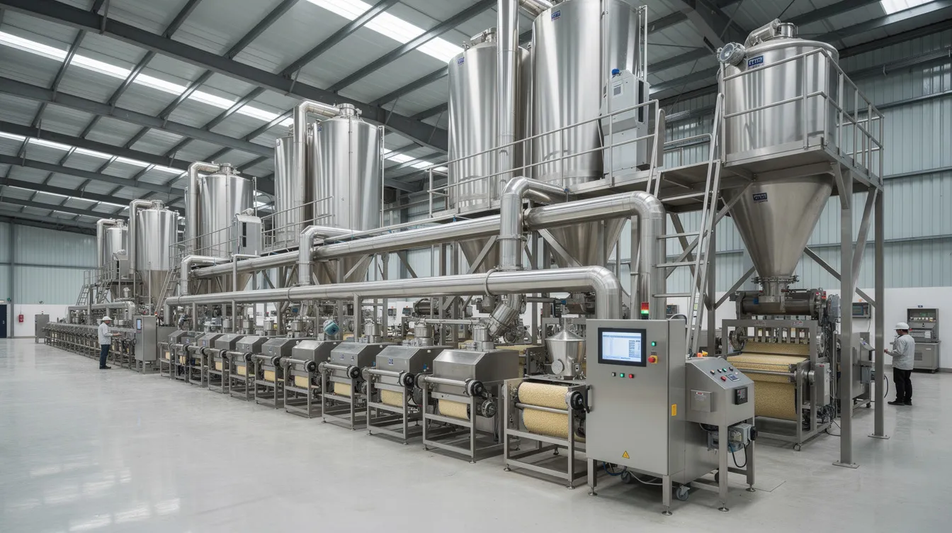 The image depicts a large industrial facility equipped with modern automatic rice processing machinery, showcasing the advanced rice milling process. Various machines are visible, including paddy separators and polishing machines, which work together to produce high-quality milled rice from raw paddy, efficiently removing husk and bran layers.