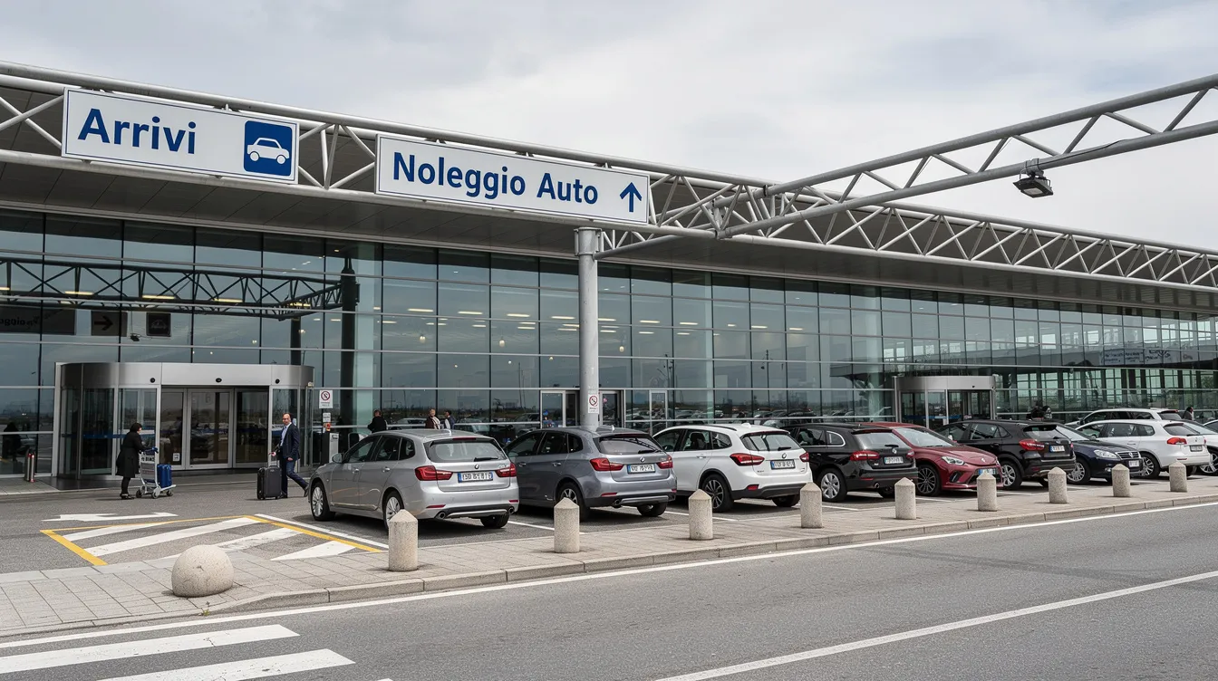Nell'area arrivi di un aeroporto, diverse auto sono parcheggiate accanto a segnaletica chiara per il noleggio veicoli, che indica le opzioni disponibili per il ritiro e la riconsegna. I visitatori possono trovare informazioni su compagnie di autonoleggio e tariffe per prenotare un veicolo per il loro viaggio.