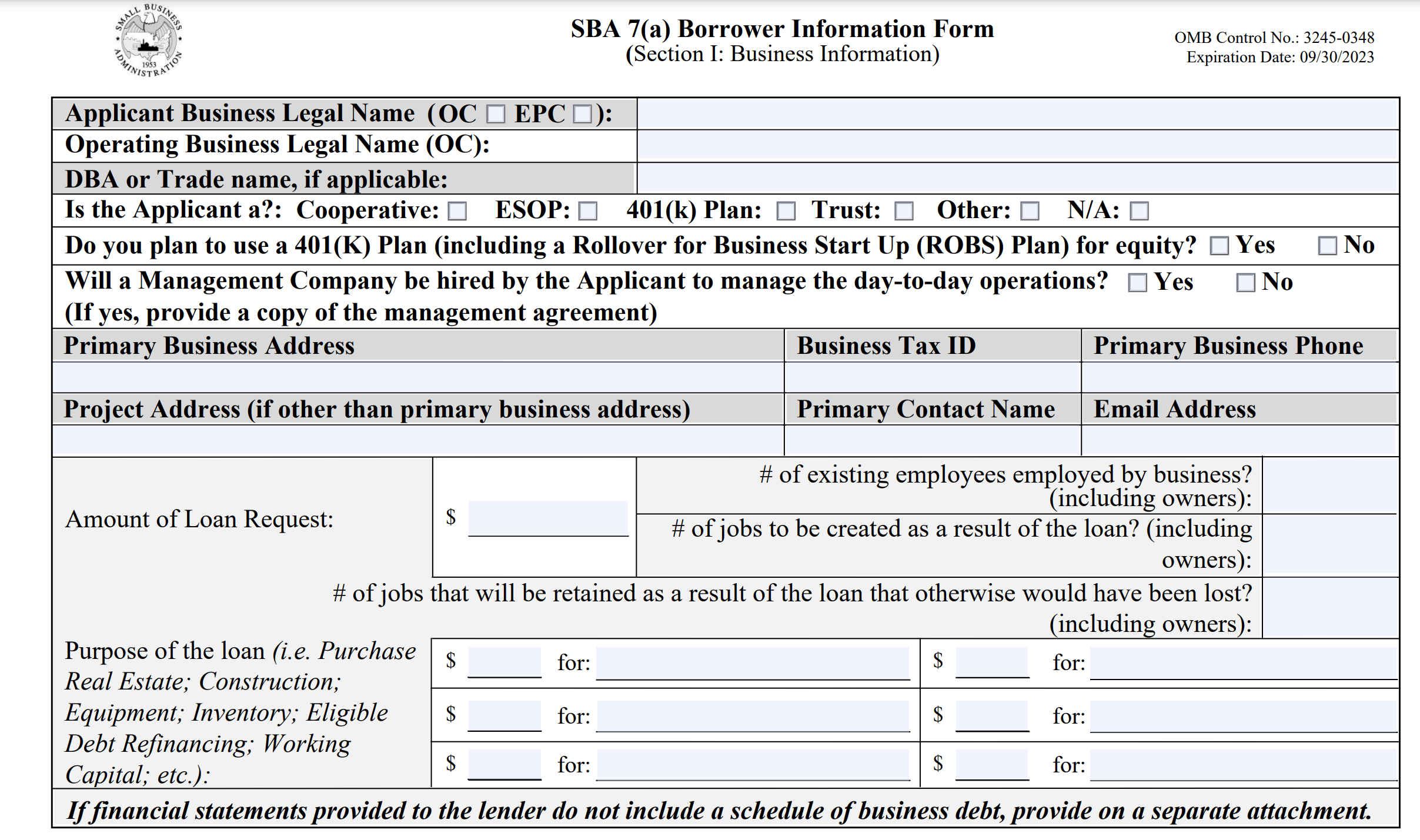 SBA form 1919, borrower information form, eligible passive company, operating company, 