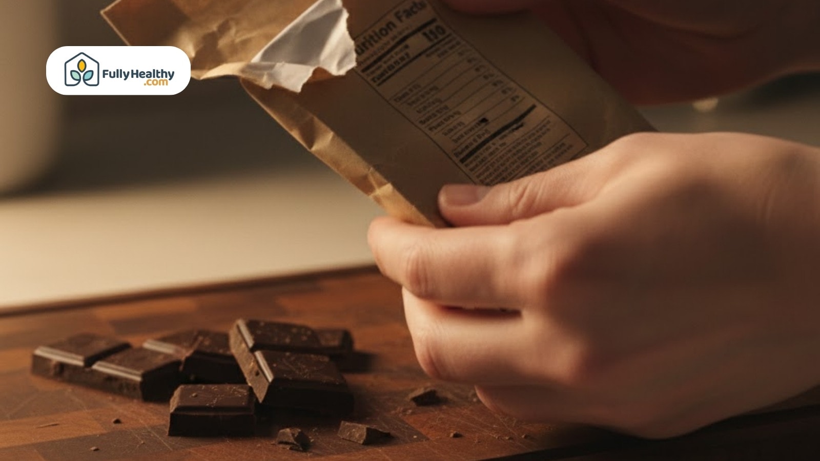 Hands opening chocolate wrapper with nutrition label beside broken chocolate pieces on wooden board