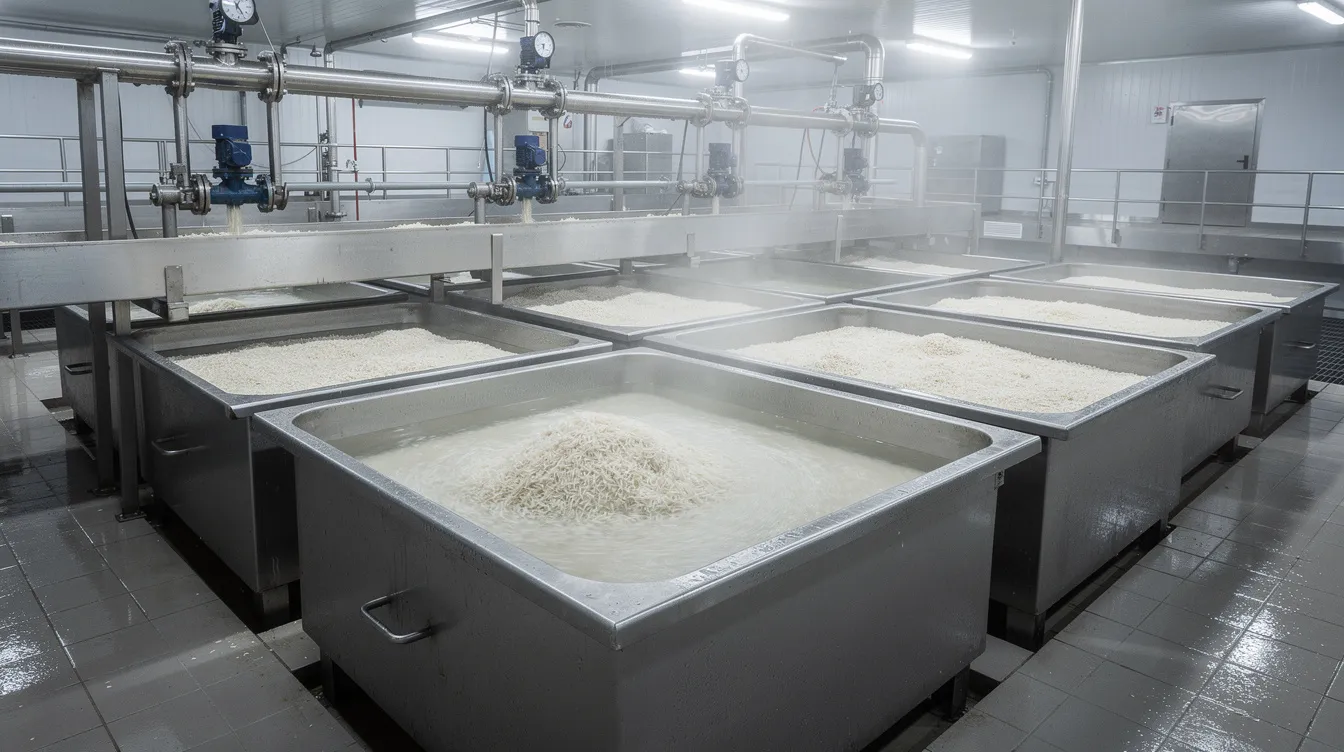 5afb668d 7e95 4410 a3ba f964974e21d4 The image shows stainless steel soaking tanks filled with rice and water inside a food processing plant, where rice kernels are prepared for the puffing process. This step is crucial in the manufacturing of puffed rice, a popular snack food in the Indian subcontinent, known for its light texture and health benefits.