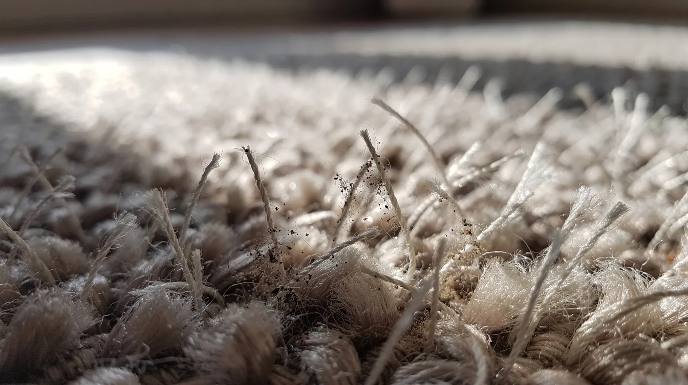 A close-up view of carpet fibers reveals visible dust particles illuminated by natural light, highlighting the importance of professional carpet cleaning services for maintaining a healthier living environment. The image emphasizes the need for meticulous attention to cleaning processes to ensure clean carpets free from allergens and unpleasant odors.