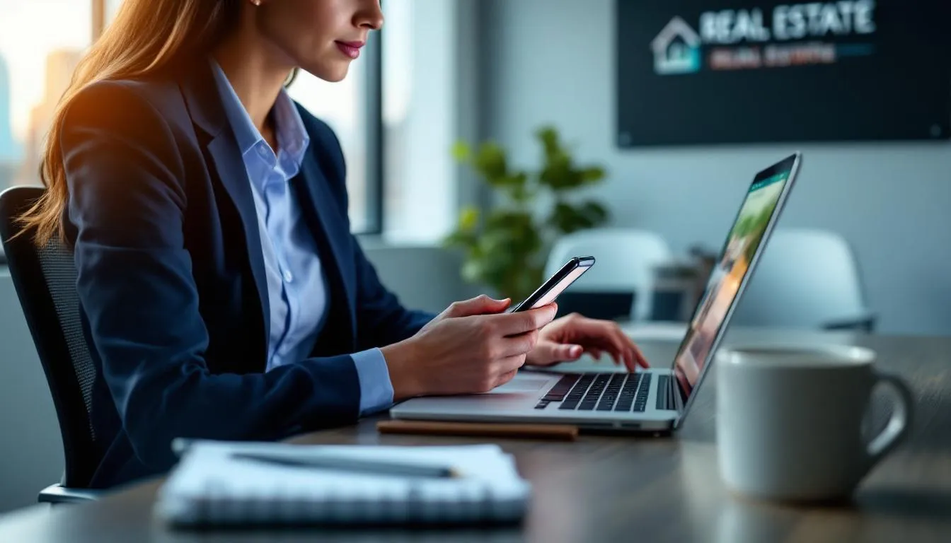 A real estate agent is seen using a smartphone to manage social media and email marketing campaigns, showcasing their commitment to effective real estate marketing strategies in a competitive market. This digital marketing approach helps them engage with potential buyers and promote new listings to a wider audience. A real estate agent is seen using a smartphone to manage social media and email marketing campaigns, showcasing their commitment to effective real estate marketing strategies in a competitive market. This digital marketing approach helps them engage with potential buyers and promote new listings to a wider audience.