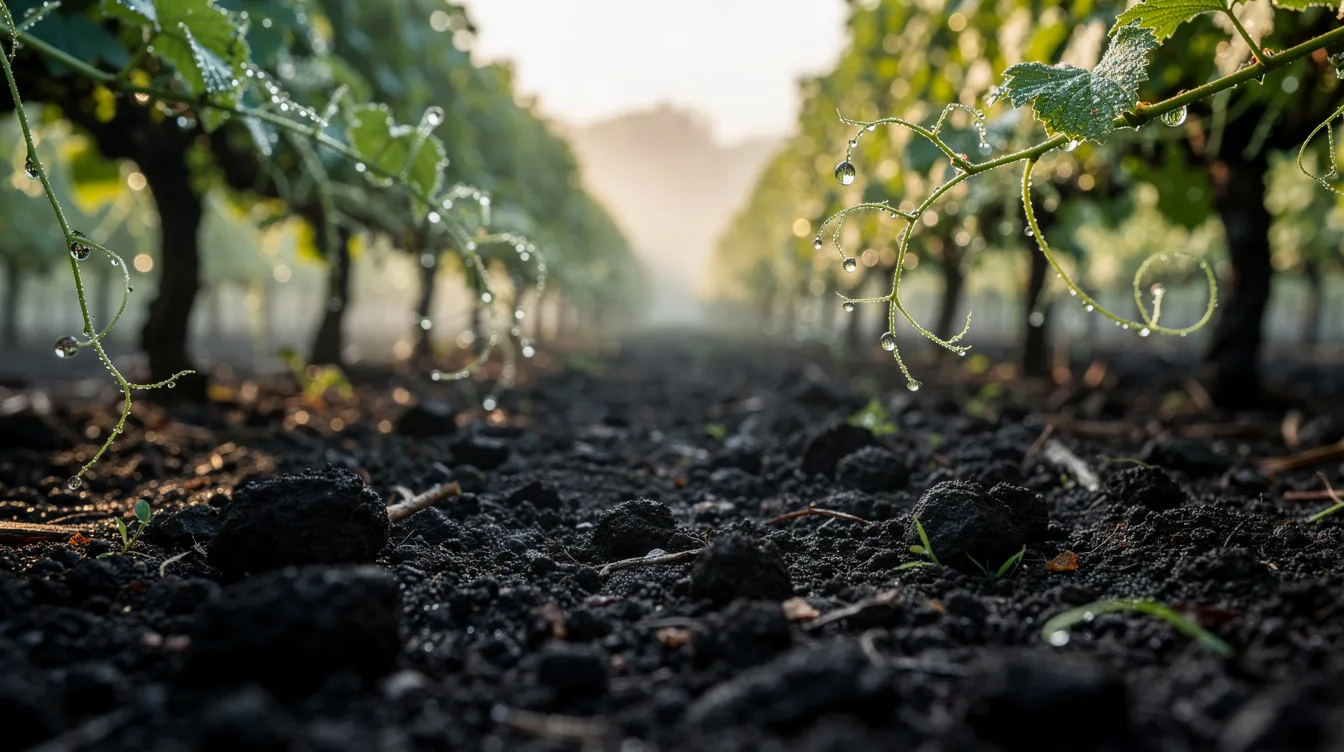 A close-up view of rich, dark silty soil nestled between rows of vibrant green vines, glistening with morning dew on their leaves. This scene captures the essence of Clarksburg wine country, showcasing the fertile ground that nurtures award-winning wines and diverse grape varieties.