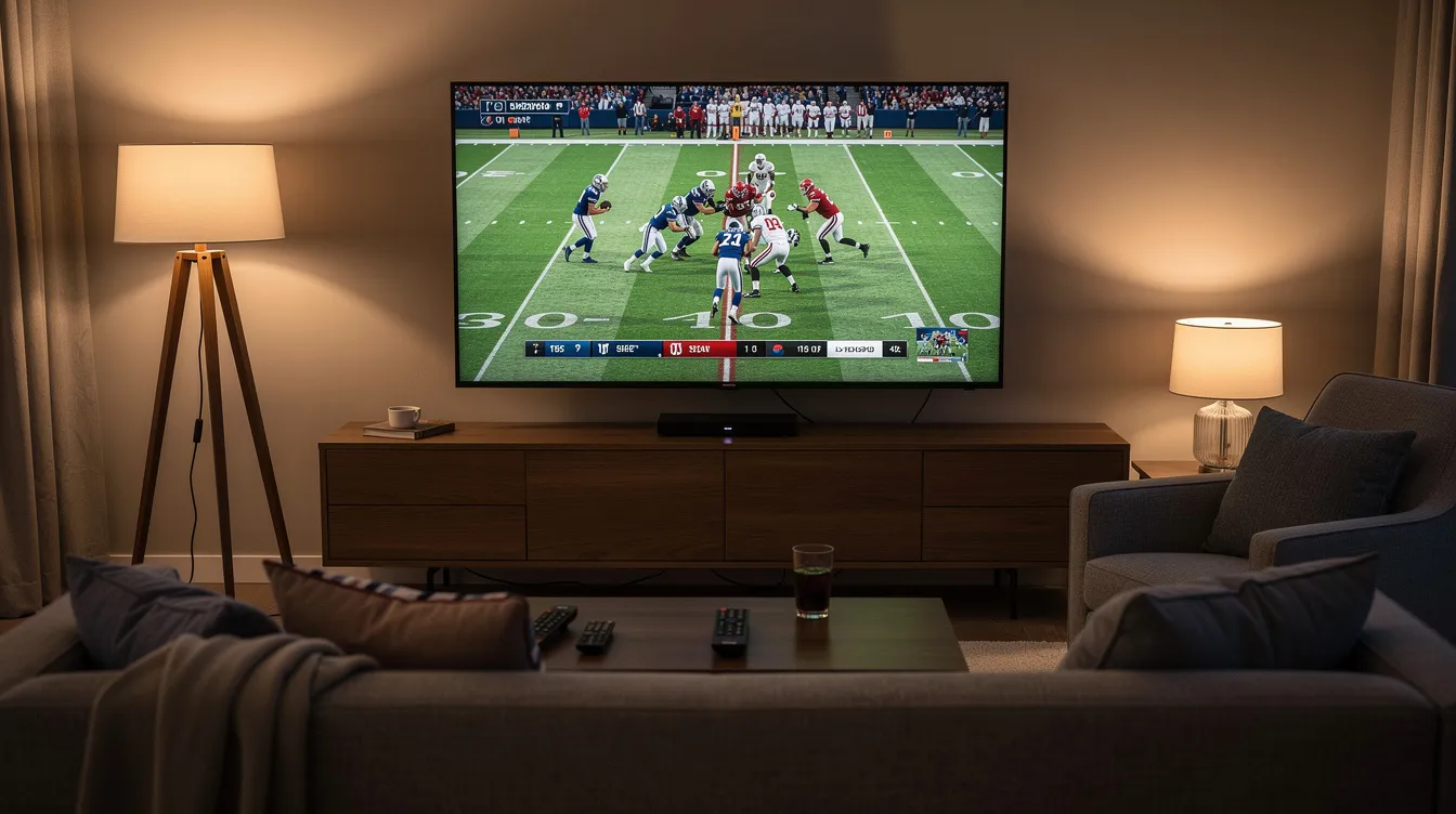 The image shows a cozy living room featuring a large flat-screen TV tuned into a live American football game, with a streaming device placed on the entertainment center, ready to access various sports channels and apps. The atmosphere suggests a perfect setting for enjoying sports matches, potentially including teams like Manchester City and Inter Milan.